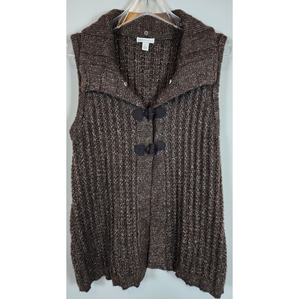 Cato Women L Brown Knit Sweater Vest Faux Fur Removable Collar Toggle‎ Button